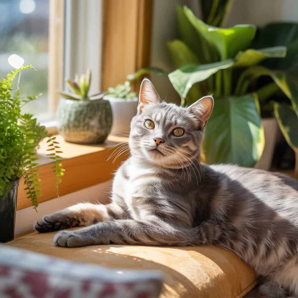Contented cat stretched out in a sunny spot