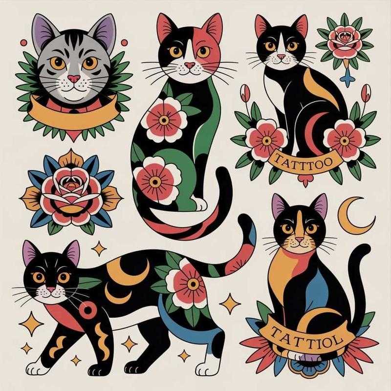 Artistic cat tattoo on forearm